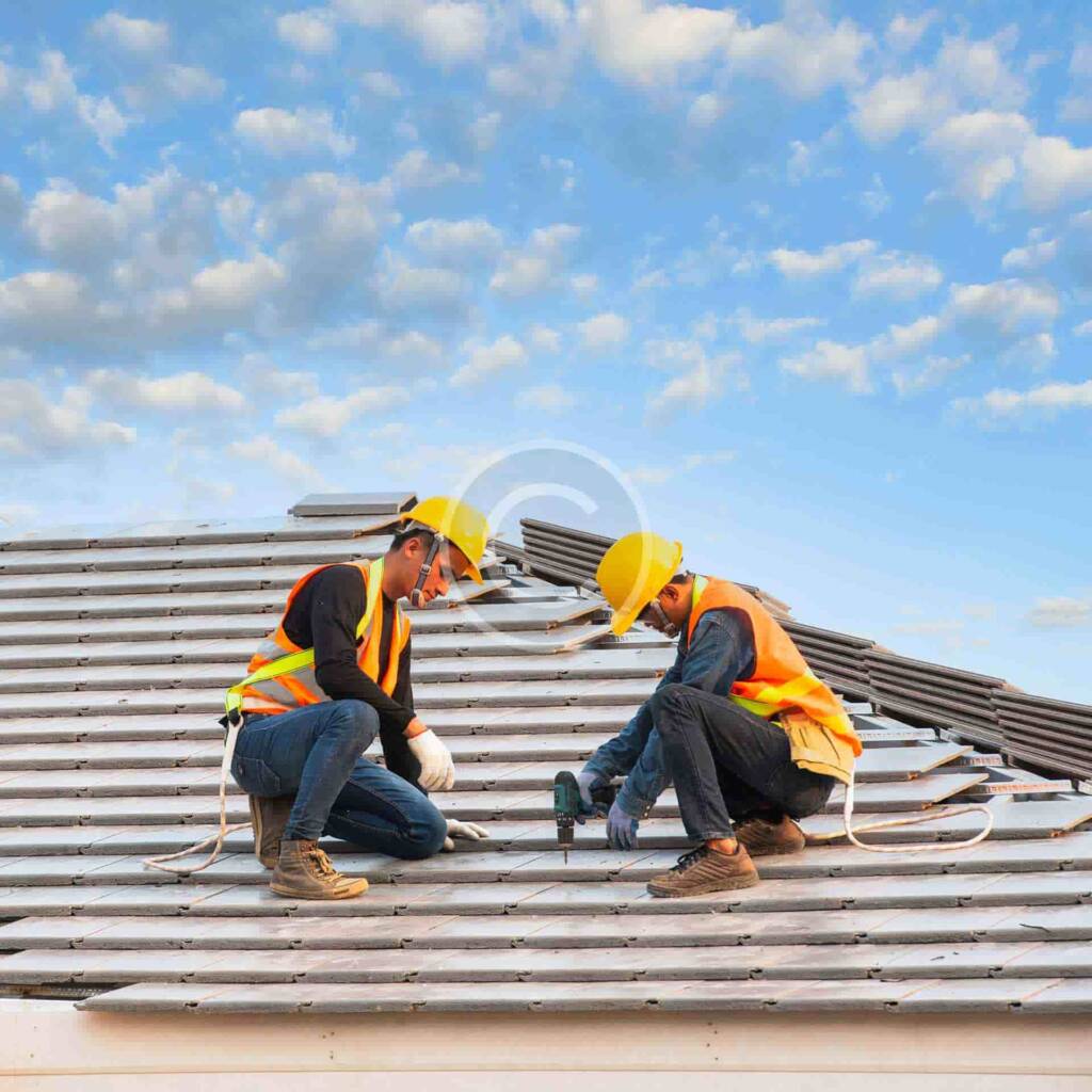hombres trabajando techo casa puntales